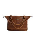 A brown, full-grain leather handbag with two shoulder straps and a label visible on the top right corner.