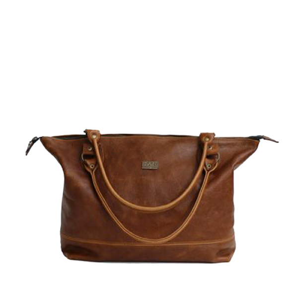 A brown, full-grain leather handbag with two shoulder straps and a label visible on the top right corner.