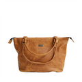 A toffee-colored, full-grain leather handbag with two shoulder straps and a label visible on the top.