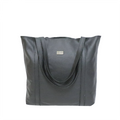A black, full-grain leather handbag with two shoulder straps and a magnetic closure.