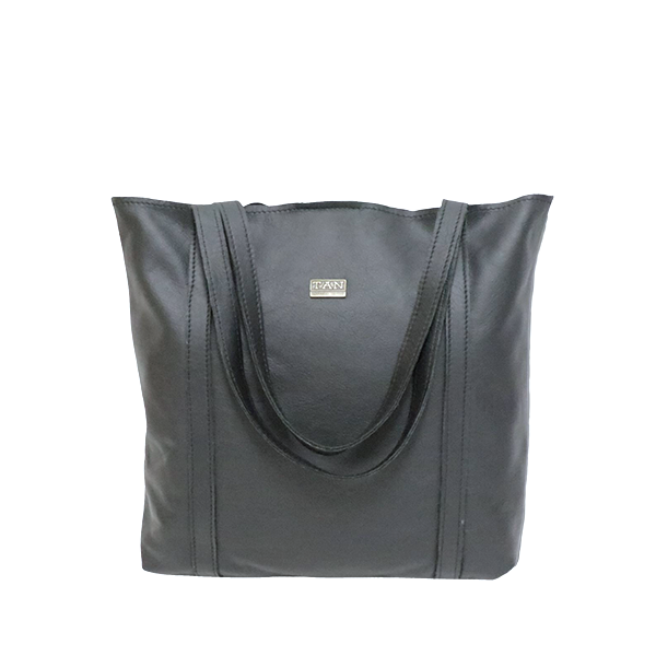 A black, full-grain leather handbag with two shoulder straps and a magnetic closure.
