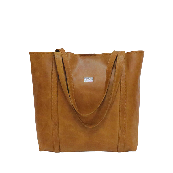 A toffee-colored, full-grain leather handbag with two shoulder straps and a magnetic clip closure.