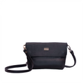 A black leather sling bag with a detachable strap and a front flap closure, displayed against a white background.