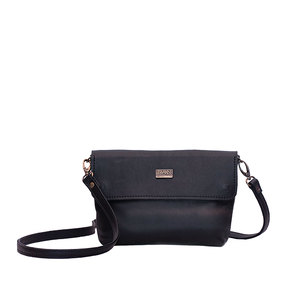 A black leather sling bag with a detachable strap and a front flap closure, displayed against a white background.