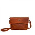 A brown leather sling bag with a detachable strap, displayed against a white background.