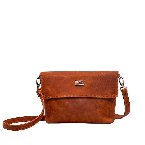 A brown leather sling bag with a detachable strap, displayed against a white background.