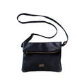 A black leather sling bag with a single strap, multiple zippers, and a brand logo visible on the bottom right.