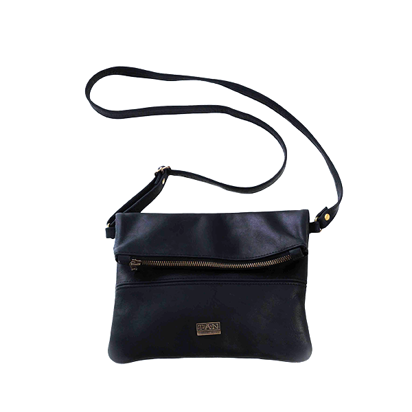 A black leather sling bag with a single strap, multiple zippers, and a brand logo visible on the bottom right.