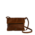A brown leather sling bag with a single strap and a front zipper pocket, displayed against a white background.