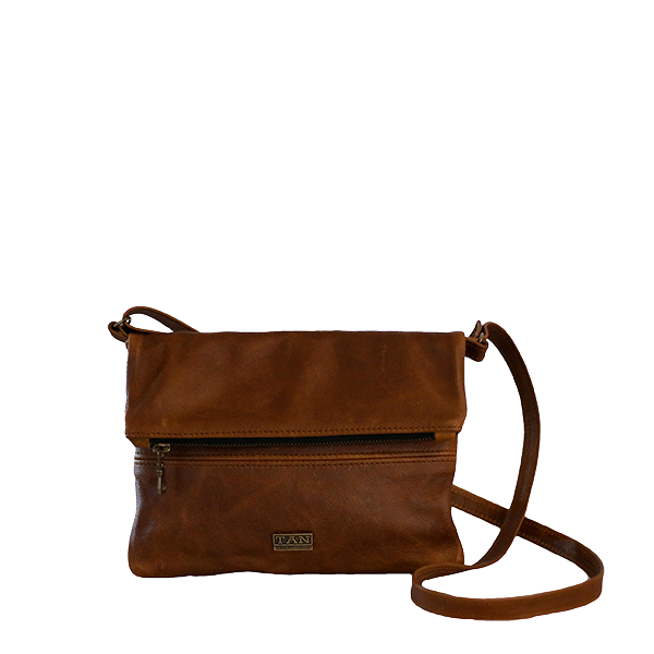 A brown leather sling bag with a single strap and a front zipper pocket, displayed against a white background.