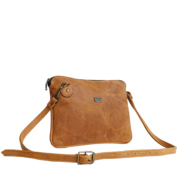 A toffee brown leather sling bag with a zipper closure, a detachable strap, and a visible brand logo.