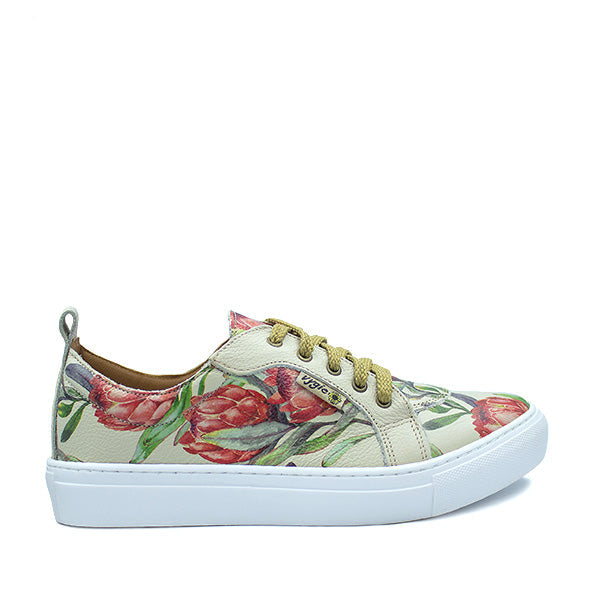 A Vygie leather sneaker with a Protea floral pattern.