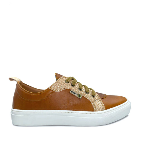 Brown sneaker with white sole and Gold trimmings.