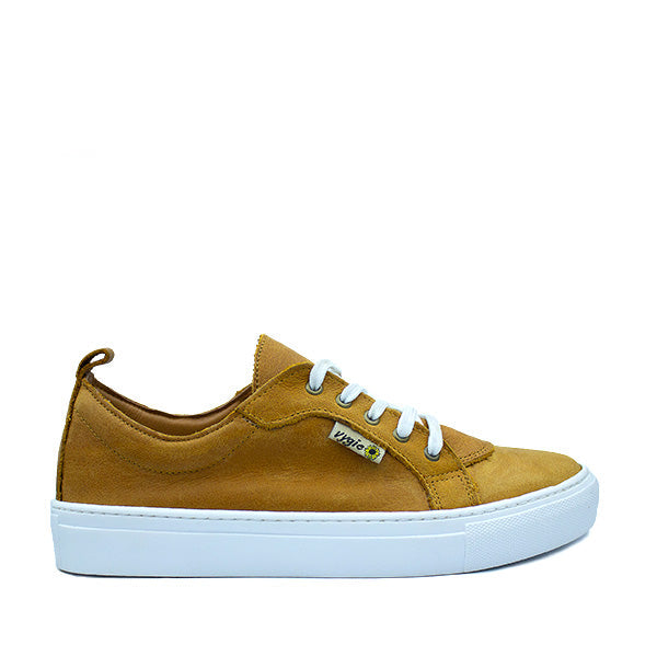 A brown Vygie leather sneaker with white sole.