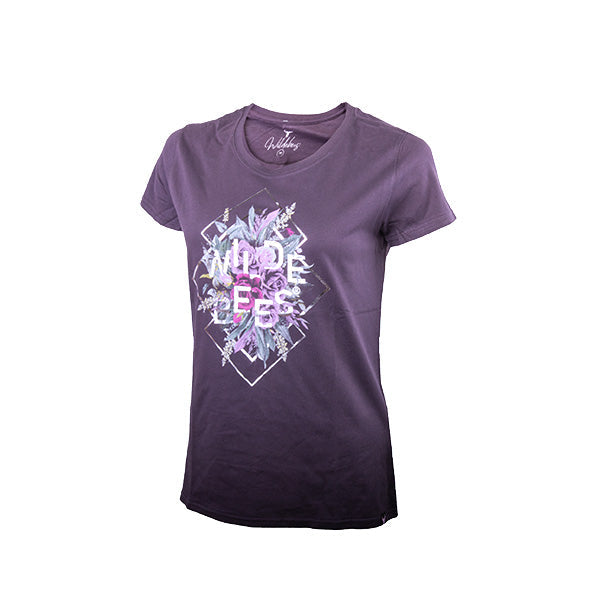 A purple-colored Wildebees ladies t-shirt with a round neckline and short sleeves, featuring a geometric pattern on the front.
