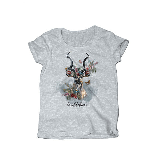 A grey ladies t-shirt with a central graphic print of a kudu and surrounding floral elements, and the brand name 'WILDEBEES' displayed at the bottom.