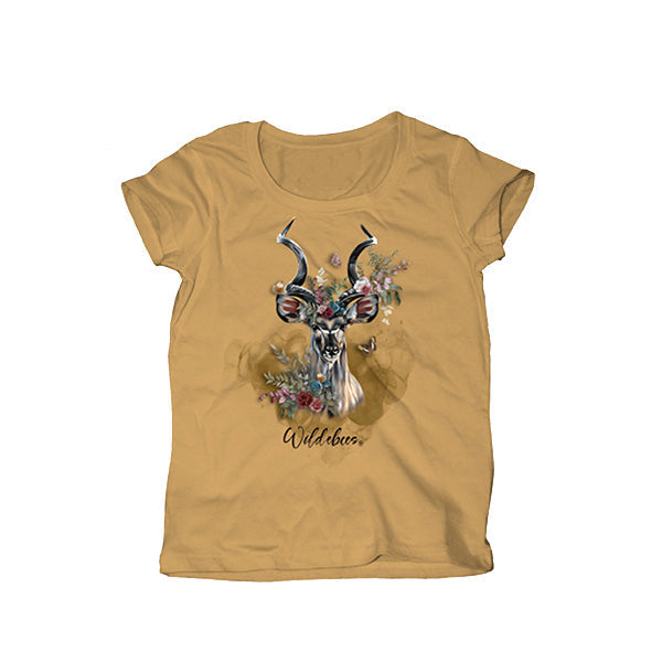 A honey gold colored ladies t-shirt with an enchanted kudu design on the front.