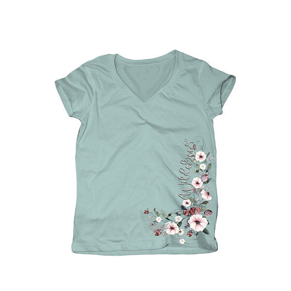Wildebees Ladies Floral Filagree V Neck Tee - Dewkist