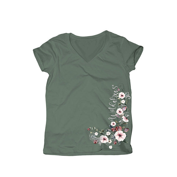 Wildebees Ladies Floral Filagree V Neck Tee - Pistachio