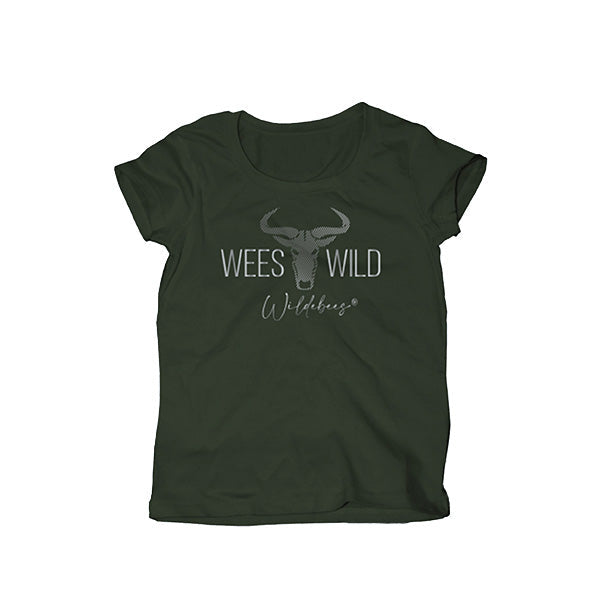 A green ladies t-shirt with a graphic of a bull's head on the front, accompanied by the text 'WILDEBEES WILD'.