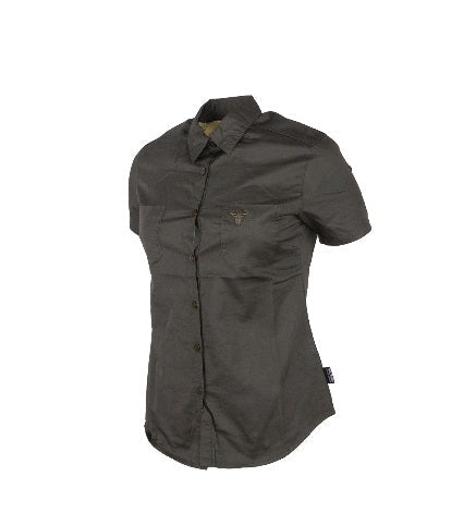 A Wildebees brand ladies' olive plain pocket blouse, displayed on a mannequin with the brand's logo visible on the upper left.