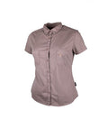 A plain pocket blouse in a stone color with a collar, button-up front, and two chest pockets. It has a curved bottom and a small embroidery label on the pocket.