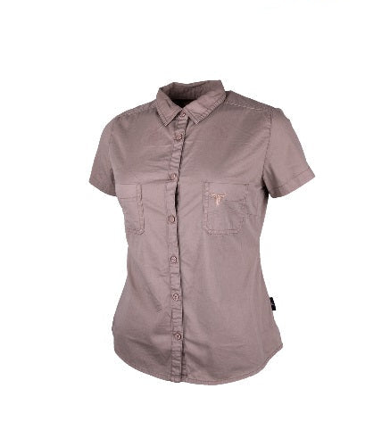 A plain pocket blouse in a stone color with a collar, button-up front, and two chest pockets. It has a curved bottom and a small embroidery label on the pocket.