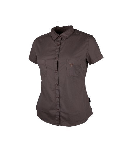 A taupe-colored, button-up, short-sleeved blouse with two chest pockets, collar, and a curved bottom. The brand logo 'Wildebees' is visible on the pocket.