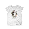 A white t-shirt with a splatter logo print on the front.