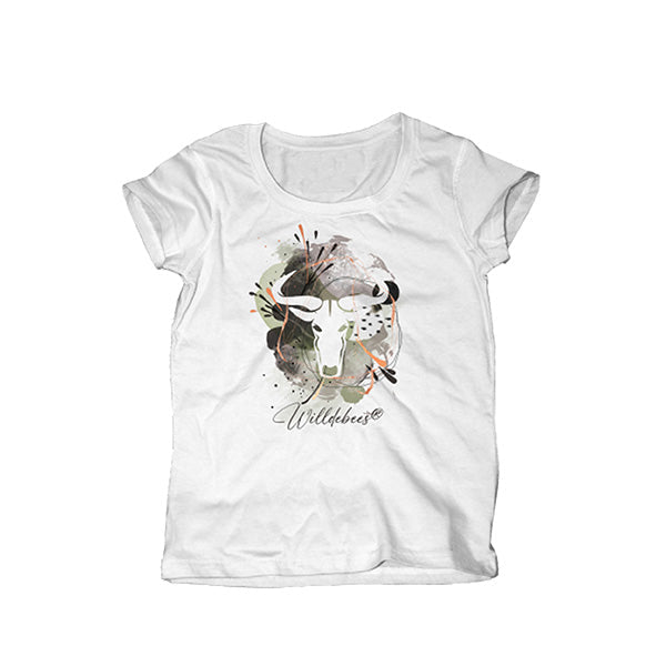 A white t-shirt with a splatter logo print on the front.