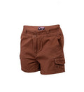 A pair of caramel brown Wildebees ladies stretch outdoor shorts with a roll-up hem and cuff, featuring a brand tag on the back pocket.