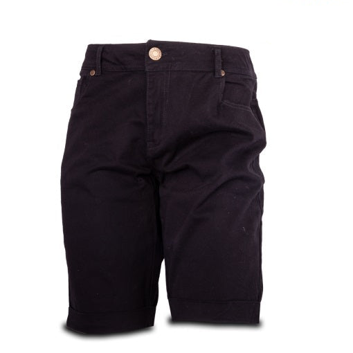 A pair of black Wildebees stretch twill shorts for ladies displayed against a white background.