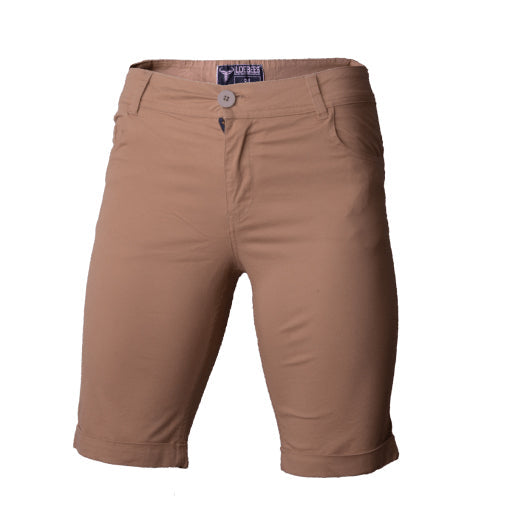 A pair of caramel-colored Wildebees ladies stretch twill shorts with front pockets and an embroidered logo on the back.