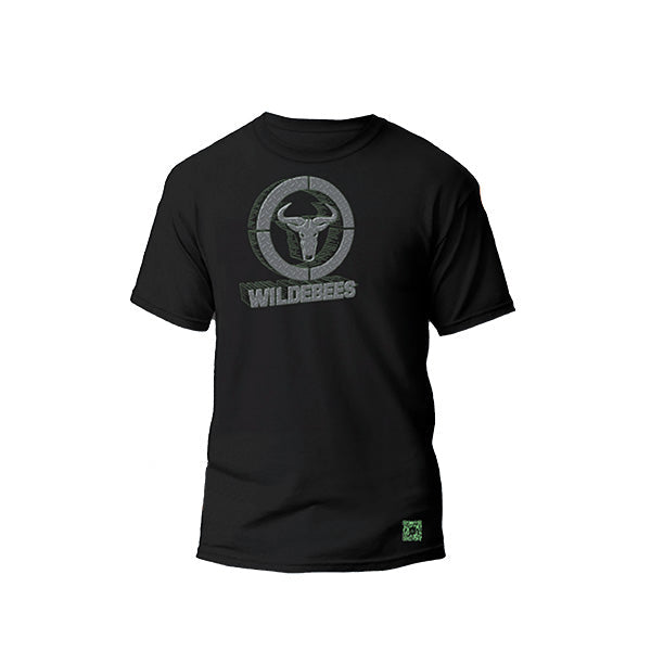 A black men's t-shirt featuring a Wildebees logo