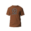 A rust coloured men's t-shrt featureing a Wildebees logo