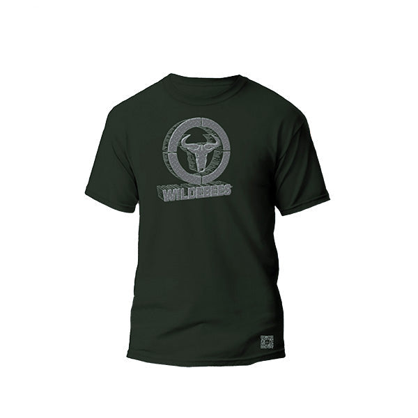 A dark green Wildebees 3D Metal Tee with a round neckline, short sleeves, and branding on the chest.
