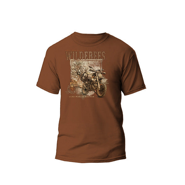A brown men's t-shirt with the text 'WILDEBEES AFRICAN ADVENTURE' and an illustration of a motorcycle on the front.