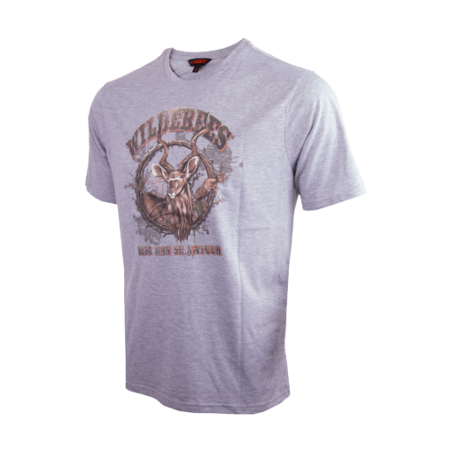 A grey Wildebees men's t-shirt with a barbed kudu graphic and the text ''elke man se natuur"  on the front.