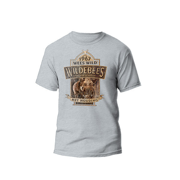 A grey t-shirt with 'Het houding' printed on the front, indicating a vintage-style graphic with an illustration of an Warthog.