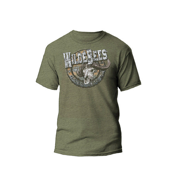 Men's green t-shirt with 'WILDEBEES' and a buffalo skull design on the front.