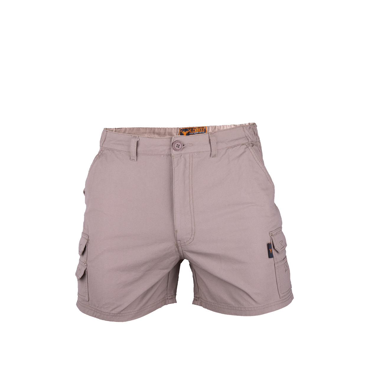 Wildebees Men's Cargo Short in khaki color with an elasticated waistband, slanted side entry pockets, and wide belt loops.