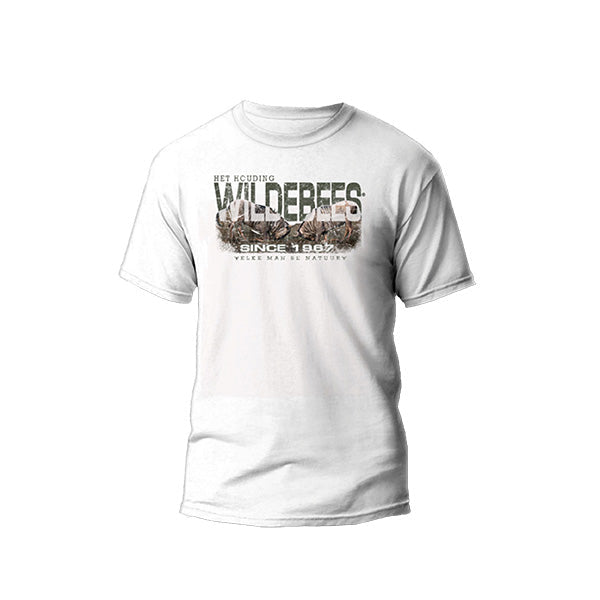 A white men's t-shirt with 'WILDEBEES' and branding on the front.