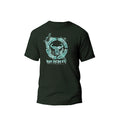 A dark green t-shirt with a graphic print of a bull's head and the brand name 'Wildebees' on the front.