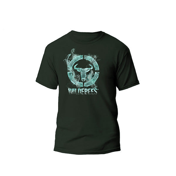 A dark green t-shirt with a graphic print of a bull's head and the brand name 'Wildebees' on the front.