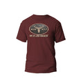A red maroon men's t-shirt with 'WILDEBEES' and an oval logo printed on the front. The shirt has a round neckline and short sleeves.