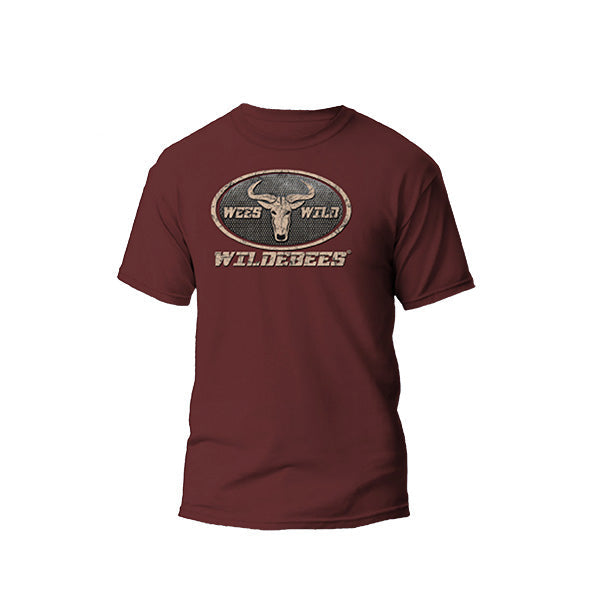 A red maroon men's t-shirt with 'WILDEBEES' and an oval logo printed on the front. The shirt has a round neckline and short sleeves.