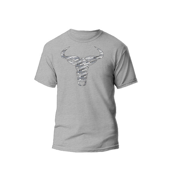 A grey t-shirt with a graphic print of a Wildebees head on the front, short sleeves, and a round neckline.