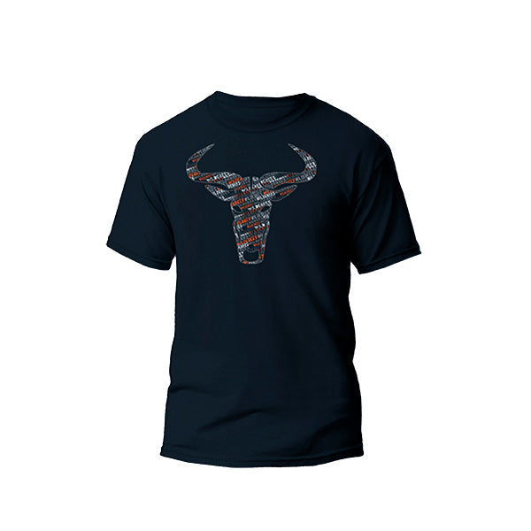 A navy-colored men's t-shirt with a graphic print of a Wildebees head on the front, with short sleeves and a round neckline.