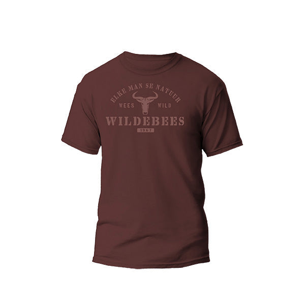 A maroon Wildebees men's t-shirt with embroidered text and a graphic on the front, without a collar and with branding tags on the side.