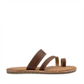 A pair of brown leather sandals with a flat sole and minimal strap detailing.